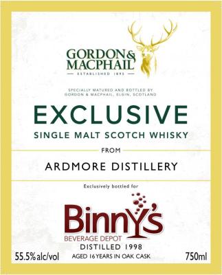 Ardmore 1998 GM Refill Sherry Hogshead #5587 Binny's 55.5% 750ml