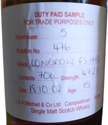 Longrow 2002 Duty Paid Sample For Trade Purposes Only Fresh Sherry Hogshead 47.2% 700ml