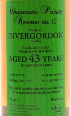 Invergordon 1972 SWf Chairman's Private Reserve #12 43yo Bourbon Barrel #130000005 49.8% 700ml