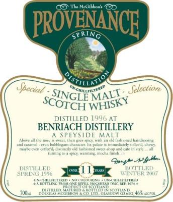 BenRiach 1996 McG McGibbon's Provenance Refill Hogshead DMG 4074 46% 700ml