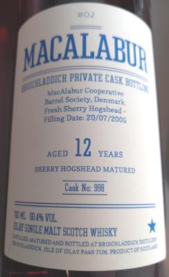 Bruichladdich 2005 Private Cask OB Fresh Sherry Hogshead MacAlabur Andelstondeforening Denmark 60.4% 700ml