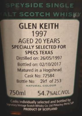 Glen Keith 1997 SV Cask Strength Collection Hogshead 72584 Specs Texas 54.7% 750ml