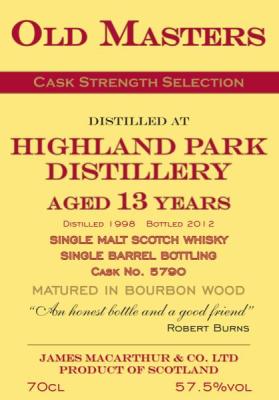 Highland Park 1998 JM Old Masters Cask Strength Selection Bourbon Cask 5790 57.5% 700ml