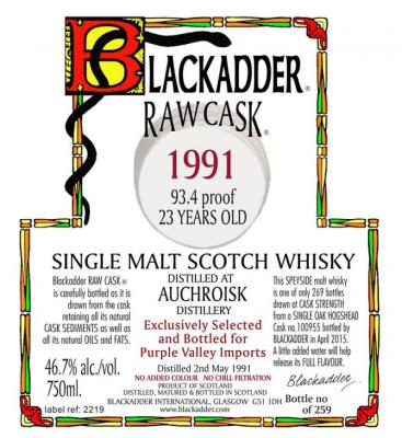 Auchroisk 1991 BA Raw Cask Oak Hogshead 100955 Purple Valley Imports 46.7% 750ml