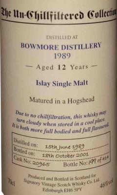 Bowmore 1989 SV The Un-Chillfiltered Collection Hogshead 20965 46% 700ml