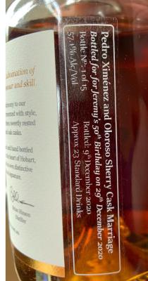 Hobart Whisky Tasmanian Single Malt Whisky PX and Sherry Cask Jeremy's Birthday 57.1% 500ml