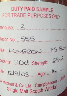 Longrow 2003 Duty Paid Sample For Trade Purposes Only Fresh Sherry Butt Rotation 555 59.5% 700ml