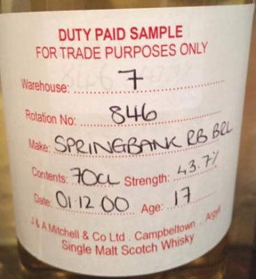 Springbank 2000 Duty Paid Sample For Trade Purposes Only Refill Bourbon Barrel Rotation 846 43.7% 700ml