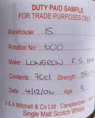 Longrow 2006 Duty Paid Sample For Trade Purposes Only 1st Fill Sherry Hogshead Rotation 600 59.1% 700ml