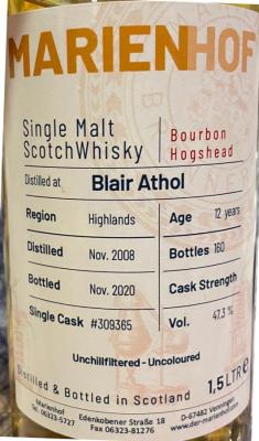 Blair Athol 2008 UD Bourbon Hogshead Marienhof 47.3% 1500ml