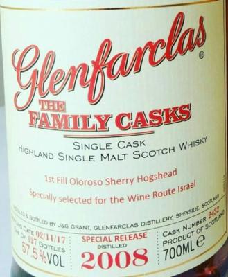 Glenfarclas 2008 The Family Casks Special Release 1stFill Oloroso Sherry Hogshead 2432 the Wine Route Israel 57.5% 700ml