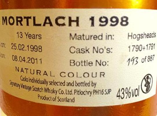 Mortlach 1998 SV Vintage Collection Hogsheads 1790 + 1791 43% 700ml
