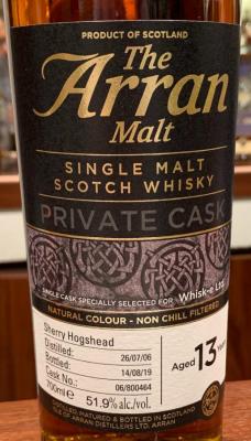 Arran 2006 Private Cask Sherry Hogshead 06 800464 Whisk-e Ltd 51.9% 700ml