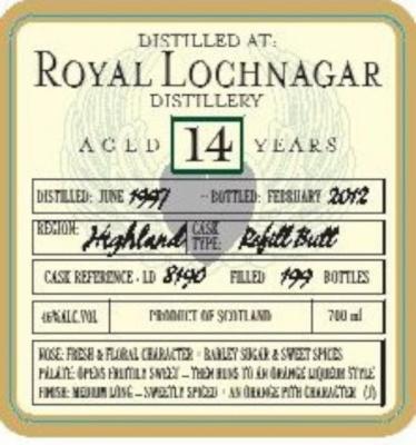 Royal Lochnagar 1997 DoD Refill Butt LD 8190 46% 700ml