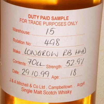 Longrow 1999 Duty Paid Sample For Trade Purposes Only Refill Bourbon Hogshead Rotation 498 52.9% 700ml