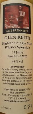 Glen Keith 1995 UD Ex-Bourbon 97120 Alte Brennerei 46% 200ml