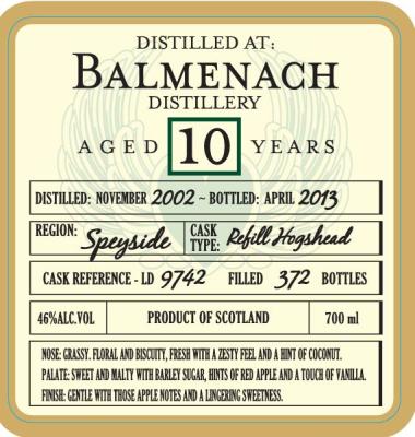 Balmenach 2002 DoD Refill Hogshead LD 9742 46% 700ml