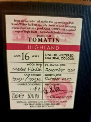 Tomatin 1992 IM Chieftain's Choice 16yo Medoc Finish 90311 + 314 50% 700ml