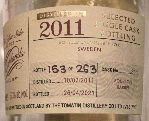 Tomatin 2011 Single Cask Bourbon Barrel Bottled exclusively for Sweden 56.3% 700ml