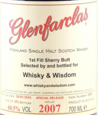 Glenfarclas 2007 1st Fill Sherry Butt #1845 Whisky & Wisdom 60.5% 700ml