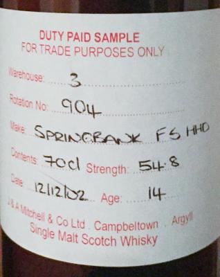 Springbank 2002 Duty Paid Sample For Trade Purposes Only Fresh Sherry Hogshead Rotation 904 54.8% 700ml