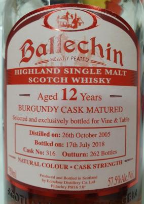 Ballechin 2005 Burgundy Cask #316 Vine & Table 57.5% 750ml