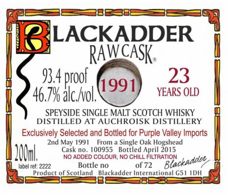 Auchroisk 1991 BA Raw Cask Oak Hogshead Purple Valley Imports 46.7% 200ml