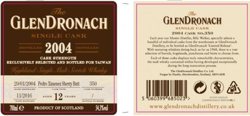 Glendronach 2004 Pedro Ximenez Sherry Butt #350 Taiwan Exclusive 54.3% 700ml