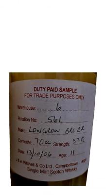 Longrow 2006 Duty Paid Sample For Trade Purposes Only Refill Bourbon Barrel Rotation 561 57.8% 700ml