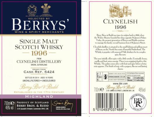 Clynelish 1996 BR Berrys 6424 46% 700ml