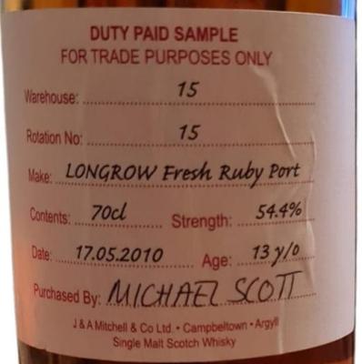 Longrow 2010 Duty Paid Sample For Trade Purposes Only 54.4% 700ml