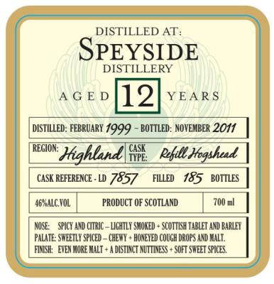 Speyside Distillery 1999 DoD Refill Hogshead LD 7857 46% 700ml