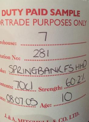 Springbank 2005 Duty Paid Sample For Trade Purposes Only Fresh Sherry Hogshead Rotation 281 60.2% 700ml