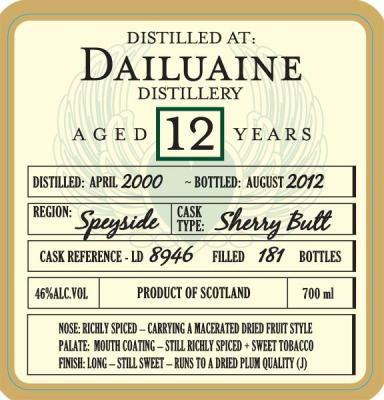 Dailuaine 2000 DoD Sherry Butt LD 8946 46% 700ml