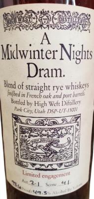 High West A Midwinter Nights Dram Act 2.1 Scene 41 French Oak & Port Barrels Finish 49.3% 750ml