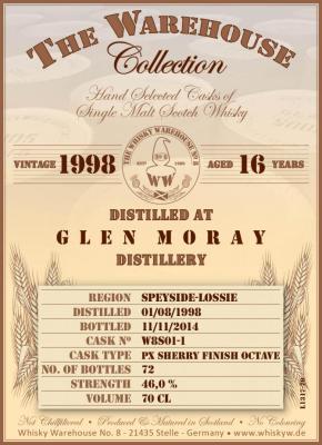 Glen Moray 1998 WW8 The Warehouse Collection Pedro Ximenez Sherry Octave Cask W8S01-1 46% 700ml