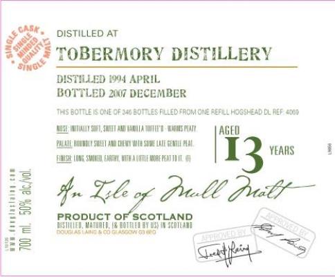 Tobermory 1994 DL Old Malt Cask Refill Hogshead DL 4069 50% 700ml