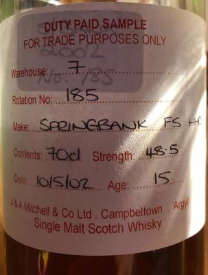 Springbank 2002 Duty Paid Sample For Trade Purposes Only Fresh Sherry Hogshead Rotation 185 48.5% 700ml