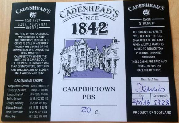 Campbeltown PBS Cadenhead's 1842 CA Sherry Oak lightly peated 57.2% 200ml