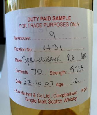 Springbank 2007 Refill Bourbon Hogshead Rotation 431 57.3% 700ml