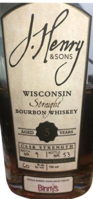 J. Henry & Sons 5yo New American Oak Barrel Batch 9 Binny's Beverage Depot Chicago Illinois 60% 750ml