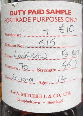 Longrow 2001 Duty Paid Sample For Trade Purposes Only Fresh Sherry Butt Rotation 515 55.7% 700ml