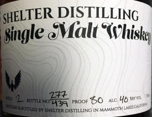 Shelter Distilling Single Malt Whisky Batch 2 40% 750ml