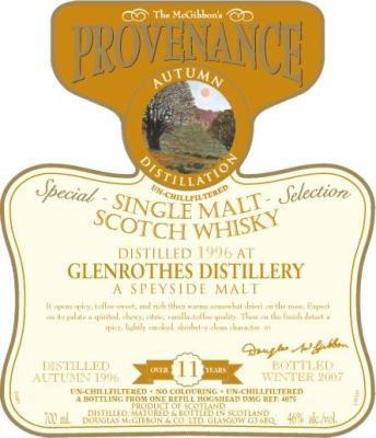 Glenrothes 1996 McG McGibbon's Provenance Refill Hogshead DMG 4075 46% 700ml