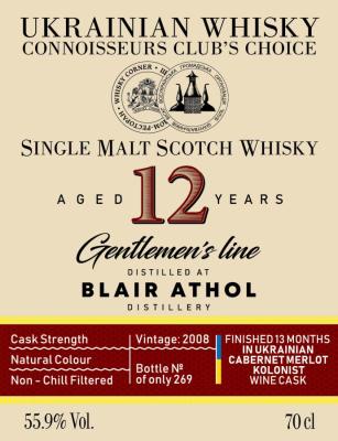 Blair Athol 2008 UD Ukrainian Whisky Connoisseurs Club's Choice Finished 13 month in Kolonist Wine Cask 55.9% 700ml