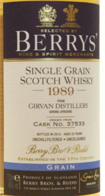 Girvan 1989 BR Berrys Ex-Bourbon Cask 37533 46% 700ml